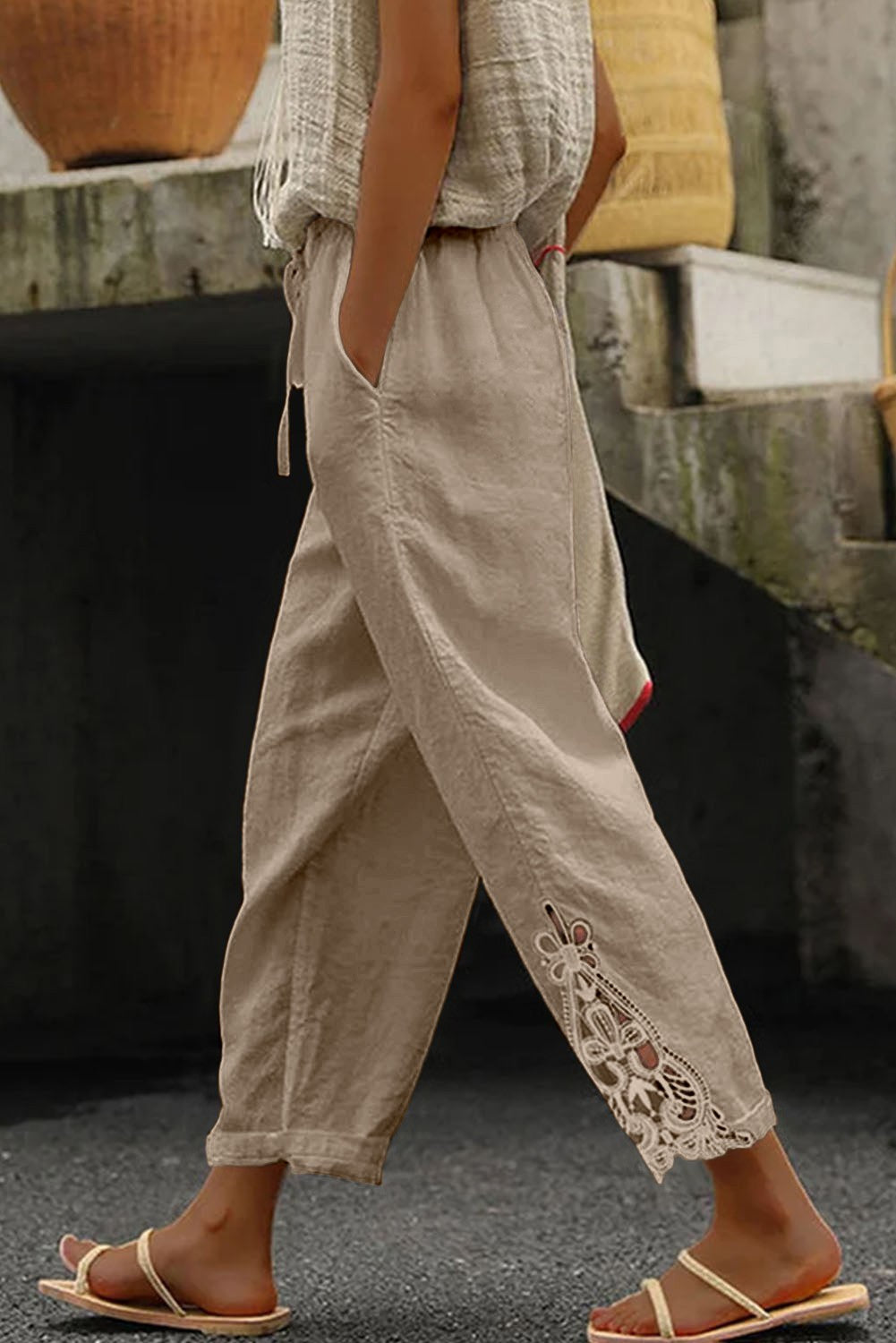 Elegant cotton trousers with lace, beige